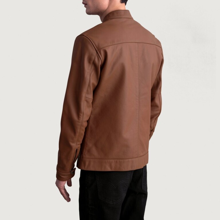 Mens Zen Matte Brown Leather Biker Jacket Tilted Back-8-1724074452551